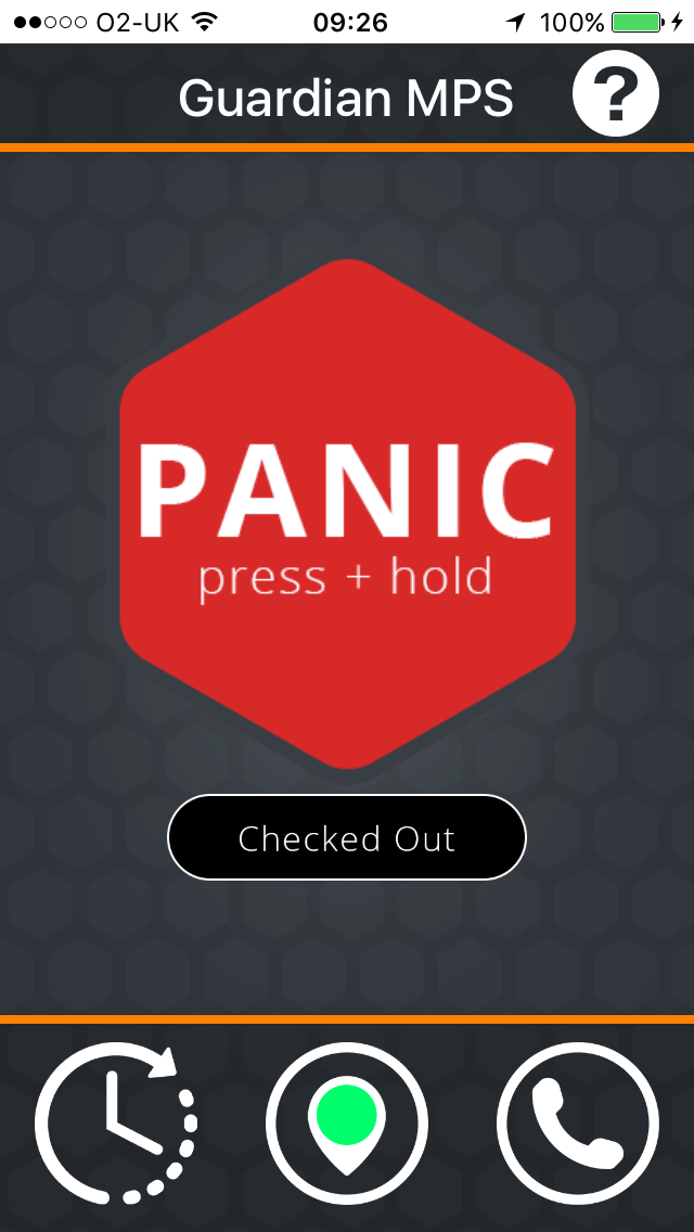 GuardianMPS iPhone app Main Screen with Press and Hold Panic Button