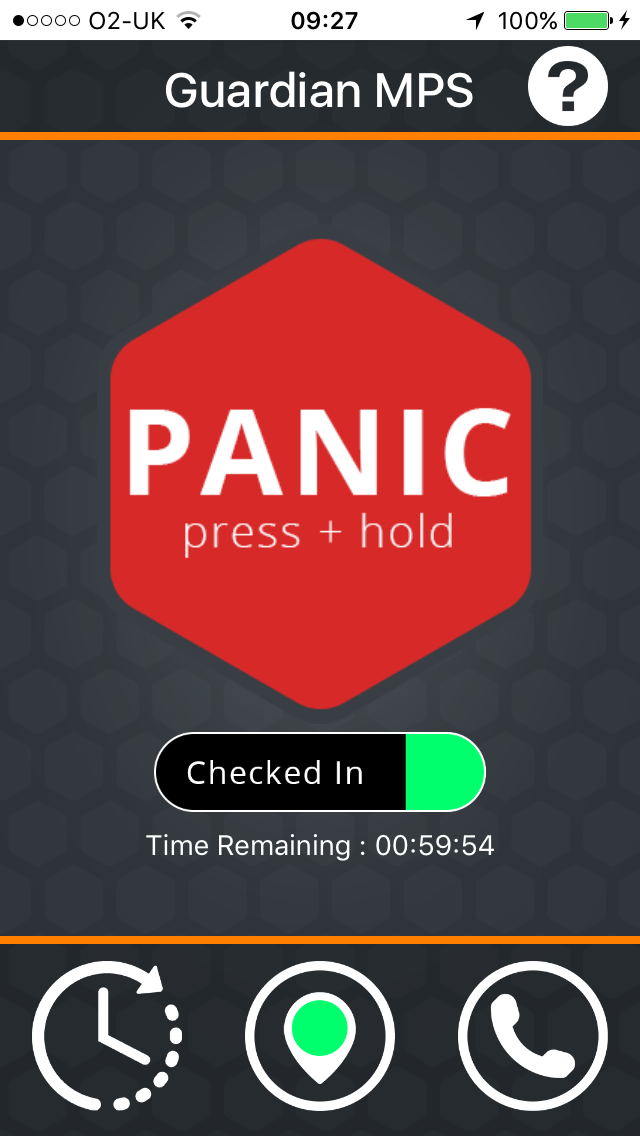 GuardianMPS iPhone app Main Screen with status showing time remaining on a Safety Check
