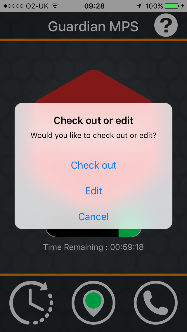 GuardianMPS iPhone app Check out or Edit screen showing check out and edit options
